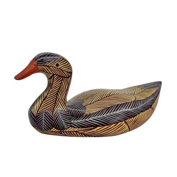 Hand-Carved Painted Wood Duck Figurine Folk Art Feather Detail Yellow and Blue - Picture 2 of 4
